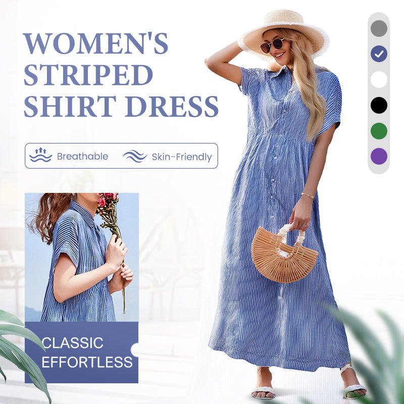 Striped Lapel Button Down Shirt Dress