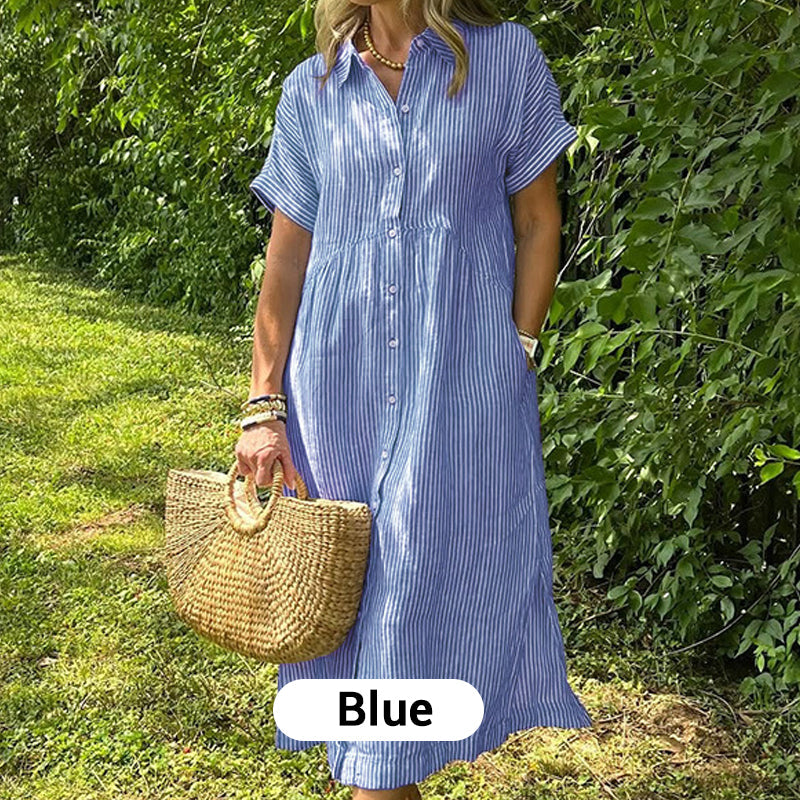 Striped Lapel Button Down Shirt Dress