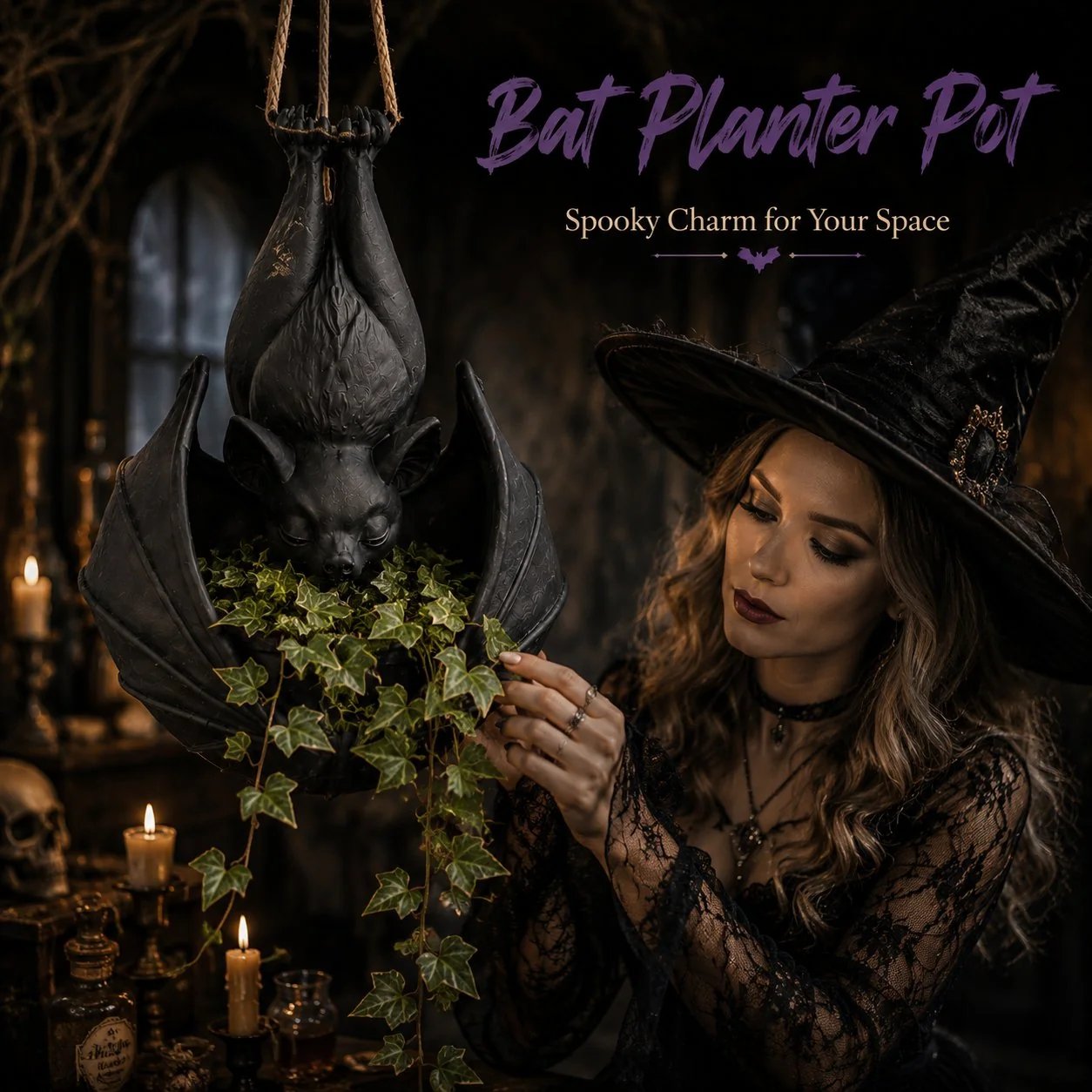 Hanging Bat Plant Pot - Spooky Garden Decor Planter