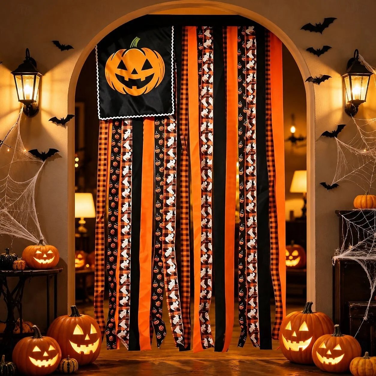 Halloween Banner Flag Pre-Lit Pumpkin Fabric Ribbon Garland Streamers