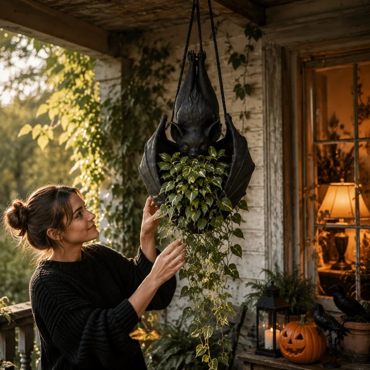 Hanging Bat Plant Pot - Spooky Garden Decor Planter