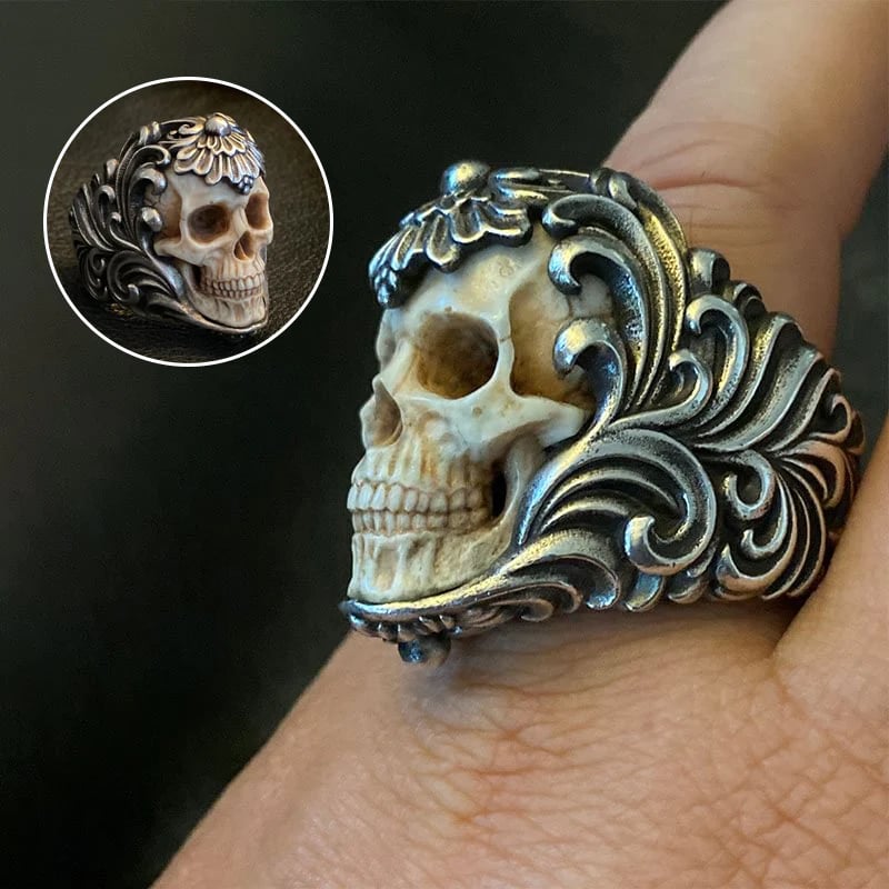 Vintage polish floral armor antler skull ring