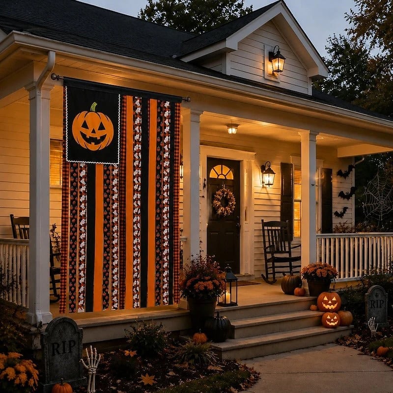 Halloween Banner Flag Pre-Lit Pumpkin Fabric Ribbon Garland Streamers