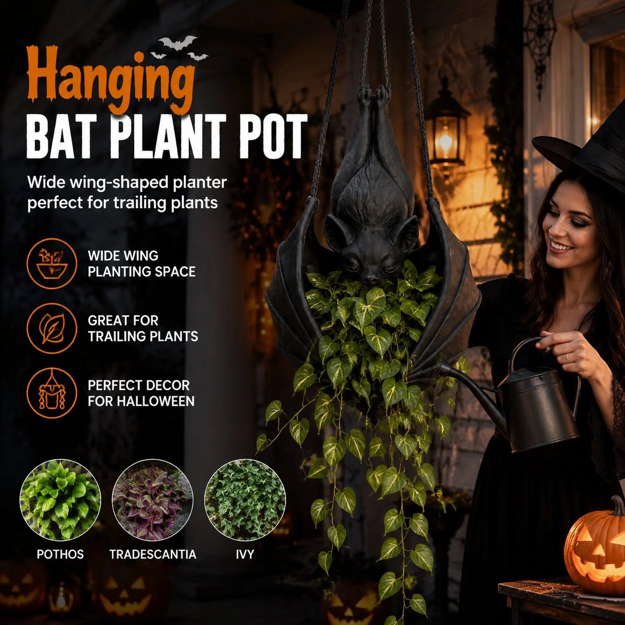 Hanging Bat Plant Pot - Spooky Garden Decor Planter