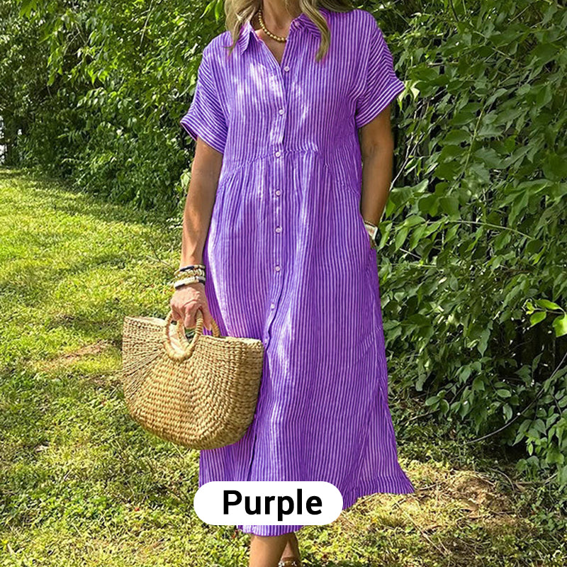 Striped Lapel Button Down Shirt Dress