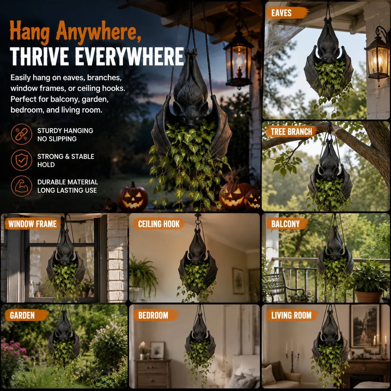 Hanging Bat Plant Pot - Spooky Garden Decor Planter