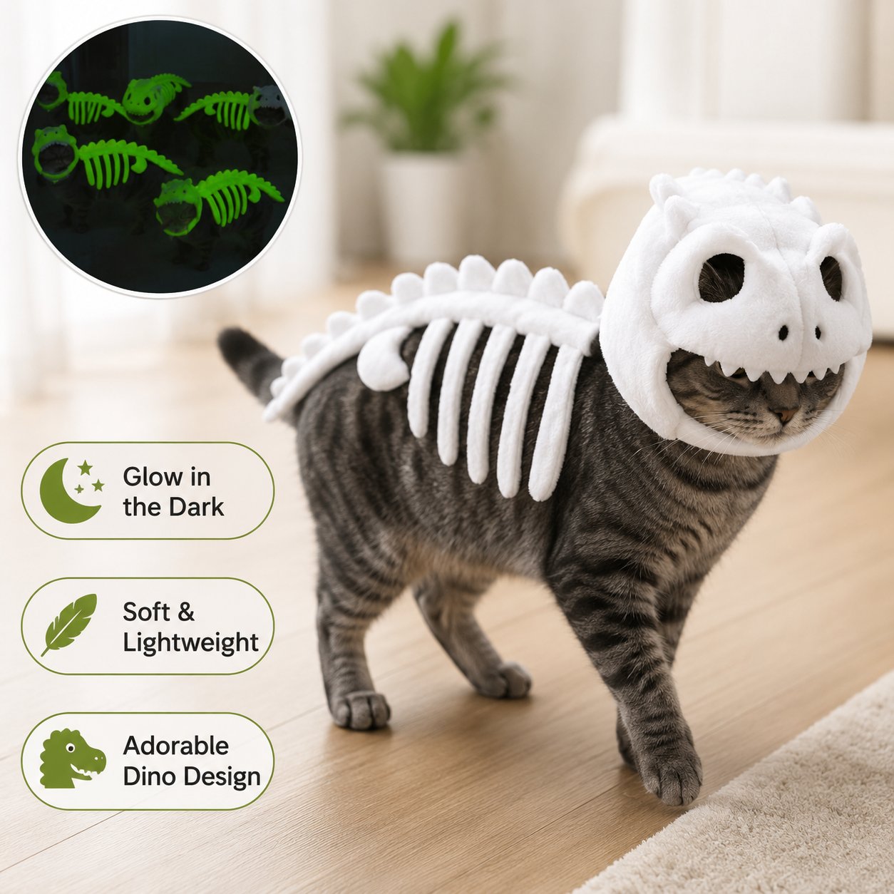 Glow-in-the-Dark Dinosaur Skeleton Cat Costume — Let Your Kitty Roar at Night
