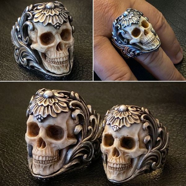 Vintage polish floral armor antler skull ring