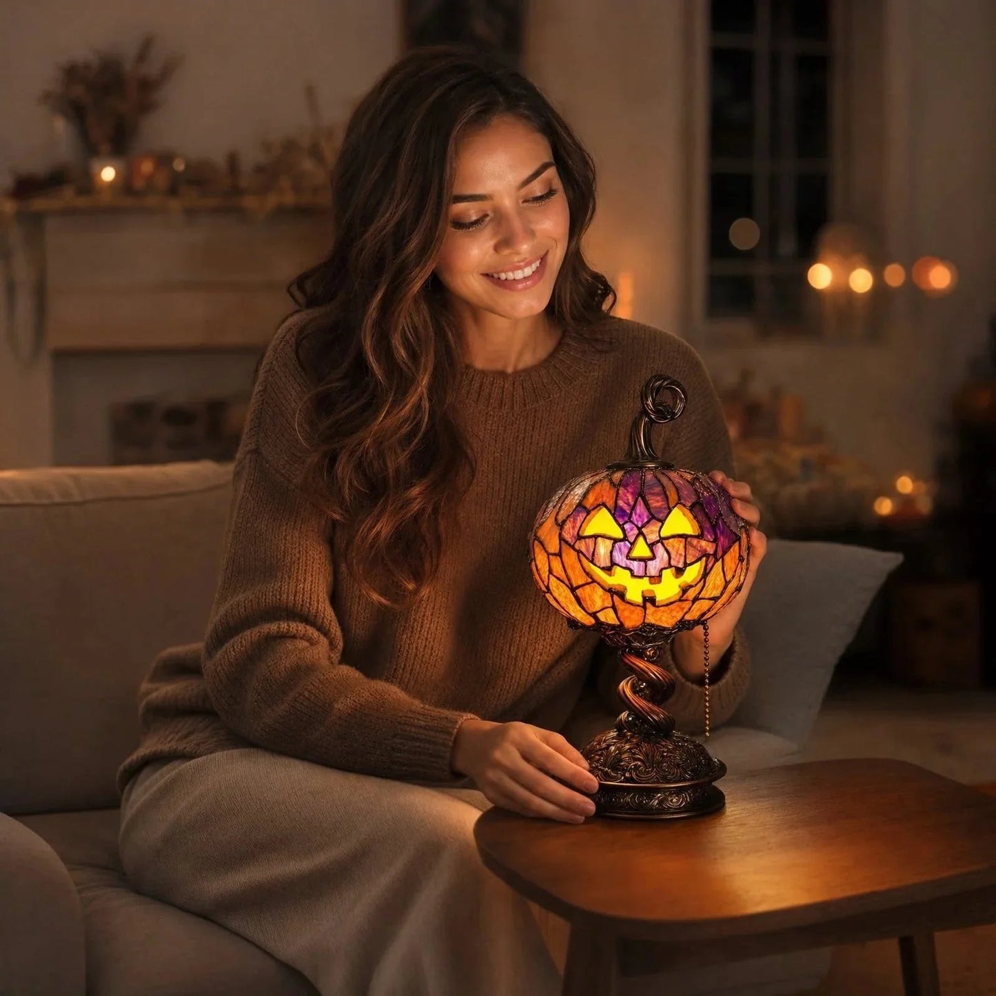 Halloween Stained Glass Style Pumpkin Table Lamp