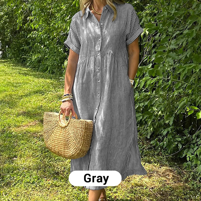 Striped Lapel Button Down Shirt Dress