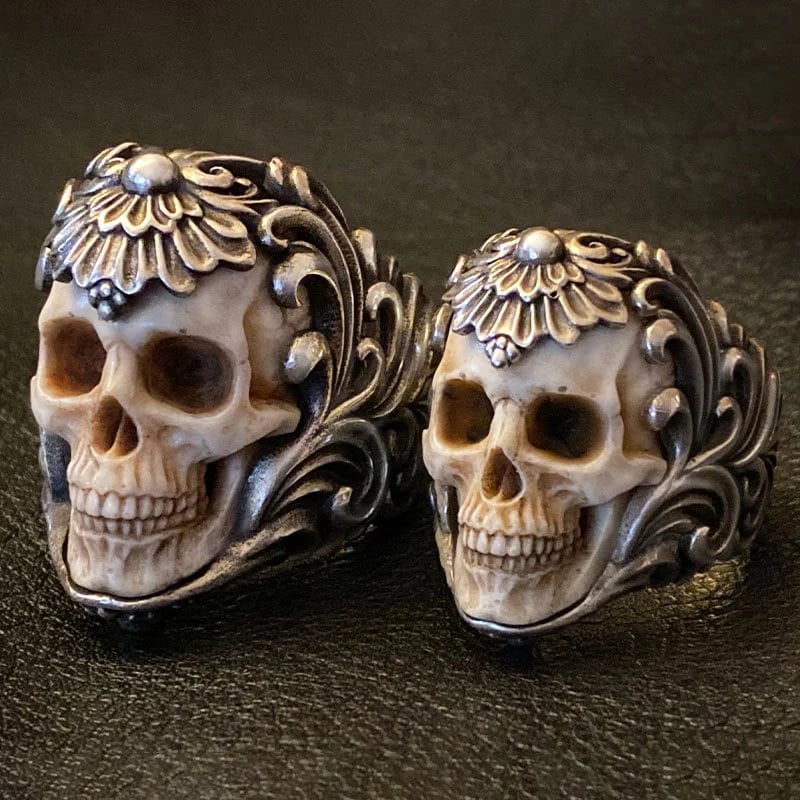 Vintage polish floral armor antler skull ring