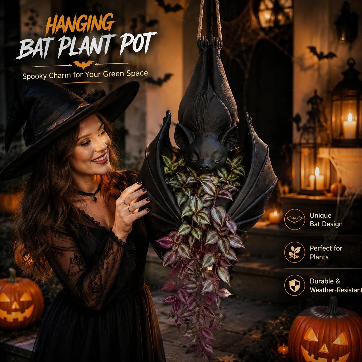 Hanging Bat Plant Pot - Spooky Garden Decor Planter