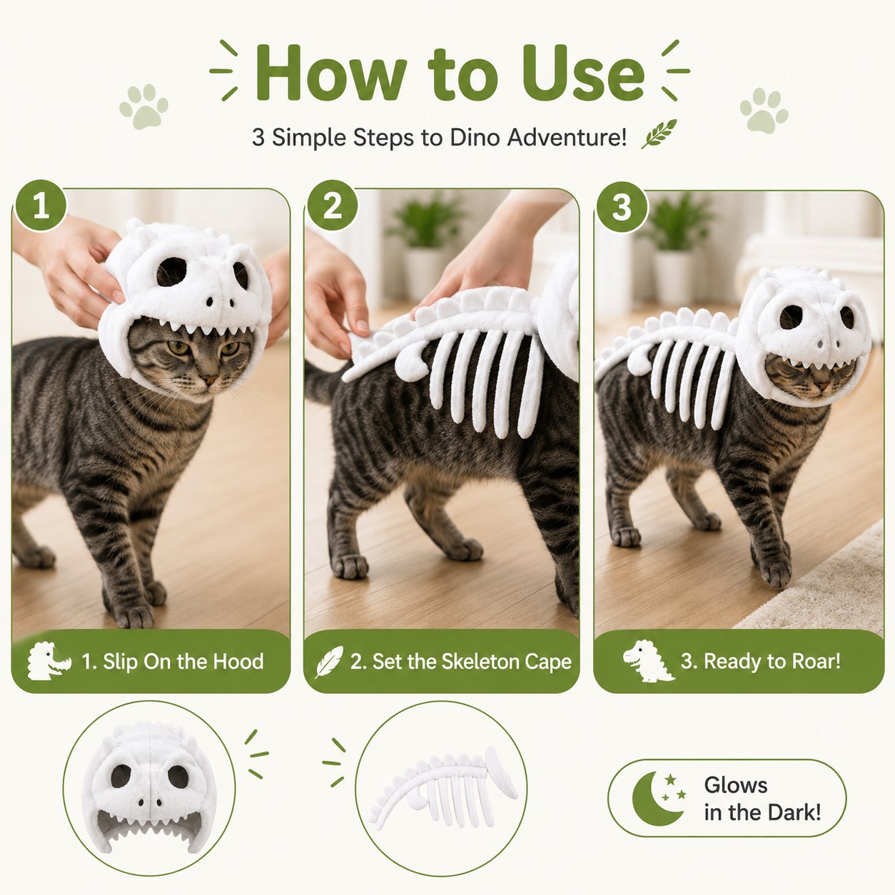 Glow-in-the-Dark Dinosaur Skeleton Cat Costume — Let Your Kitty Roar at Night