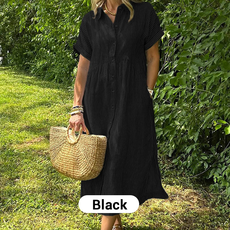 Striped Lapel Button Down Shirt Dress