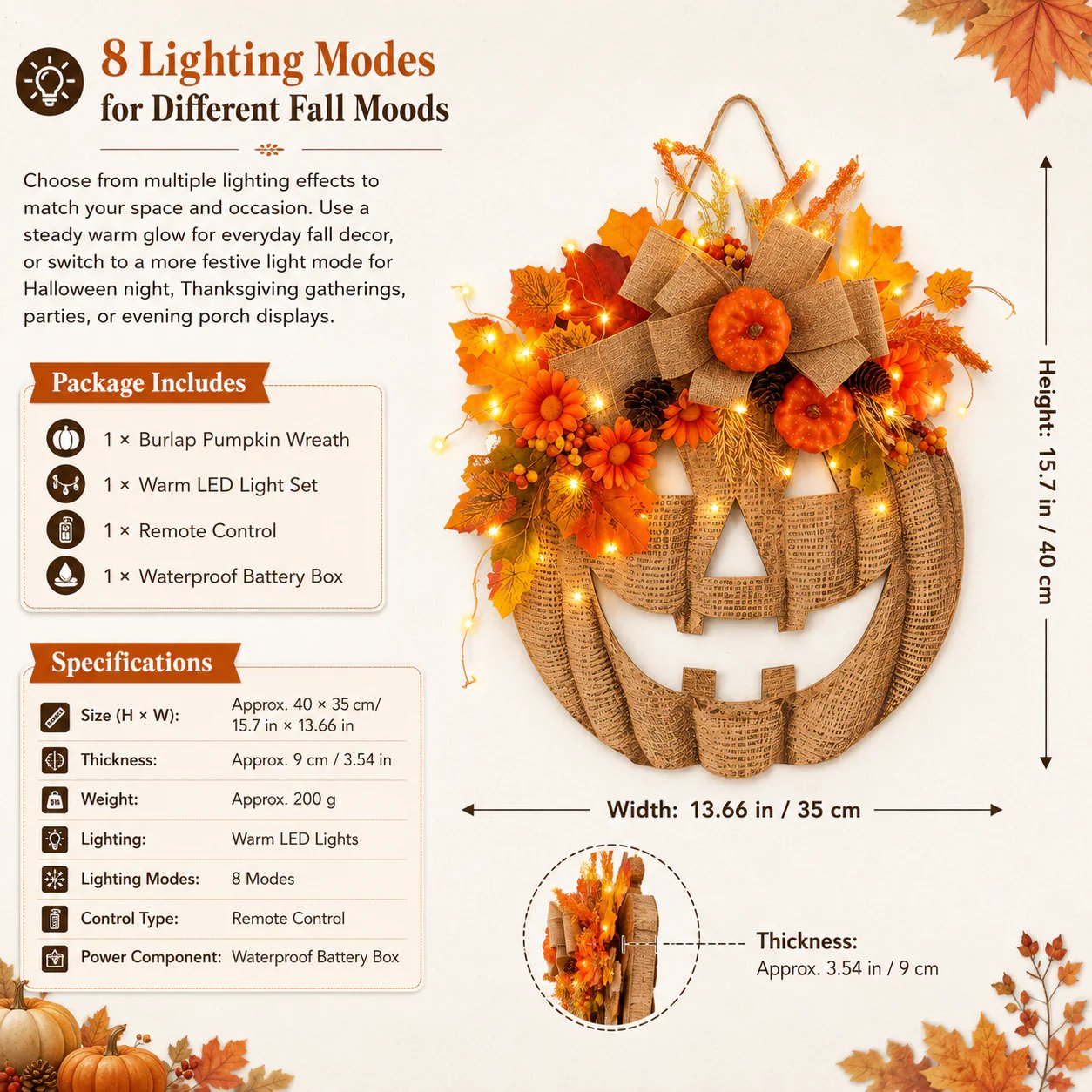 Lighted Burlap Pumpkin Wreath