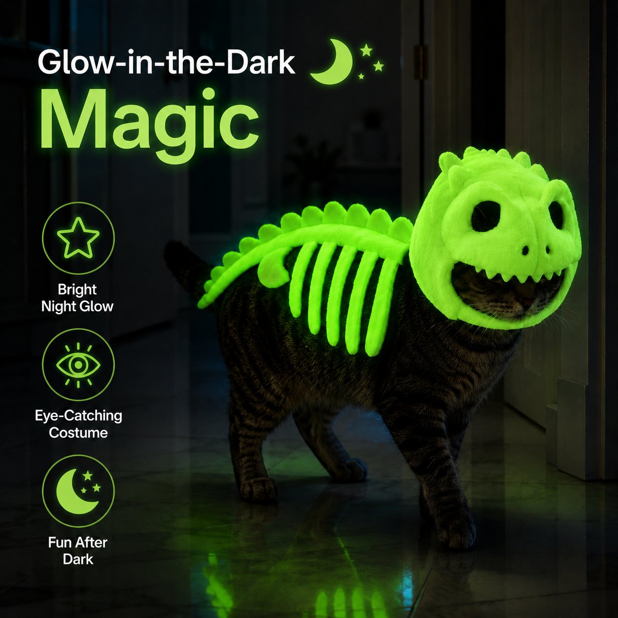 Glow-in-the-Dark Dinosaur Skeleton Cat Costume — Let Your Kitty Roar at Night