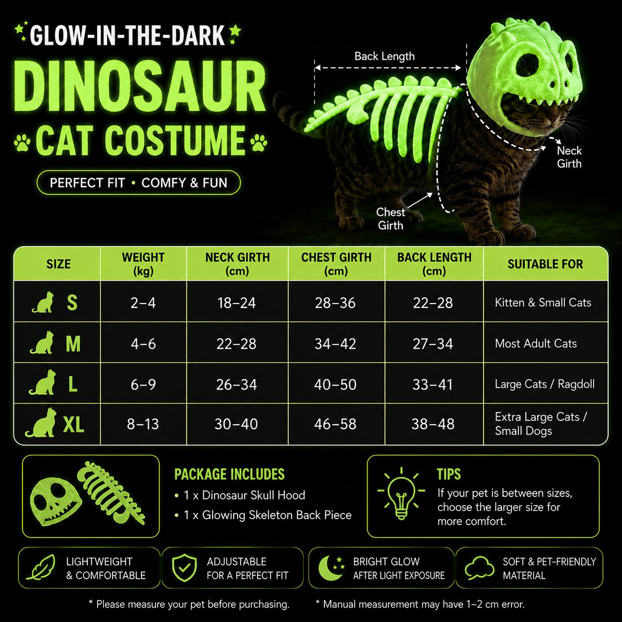 Glow-in-the-Dark Dinosaur Skeleton Cat Costume — Let Your Kitty Roar at Night