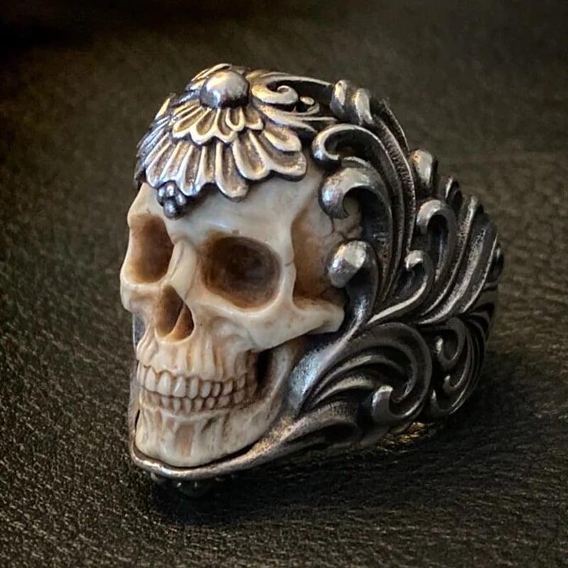 Vintage polish floral armor antler skull ring