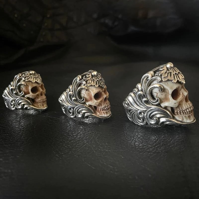 Vintage polish floral armor antler skull ring