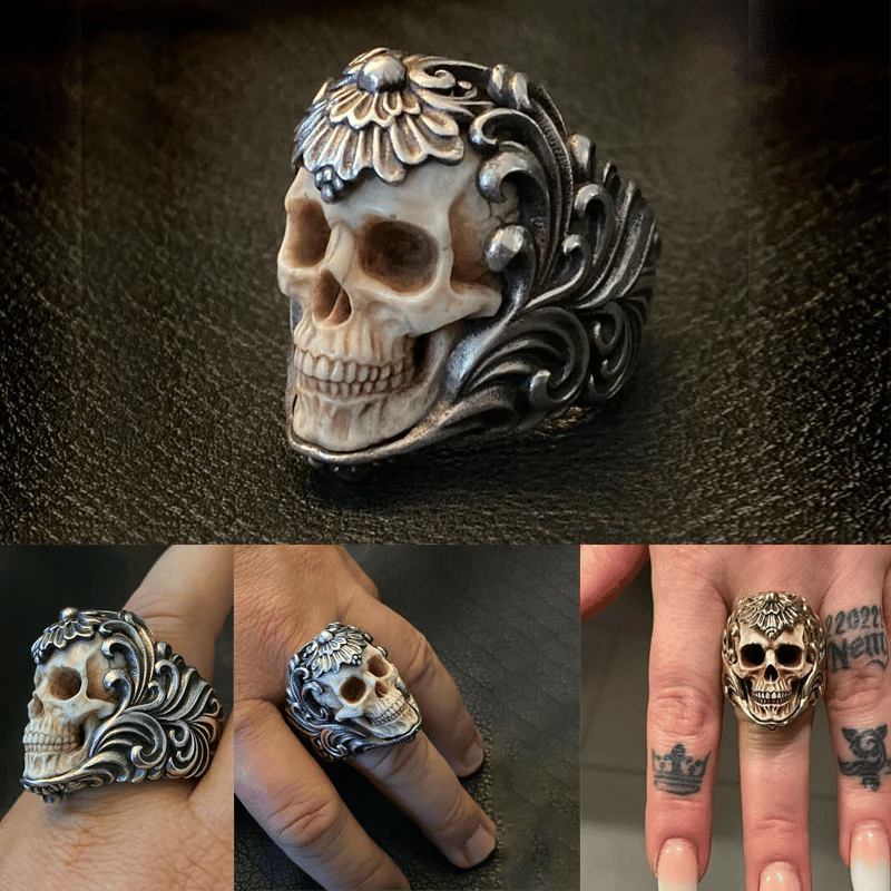 Vintage polish floral armor antler skull ring
