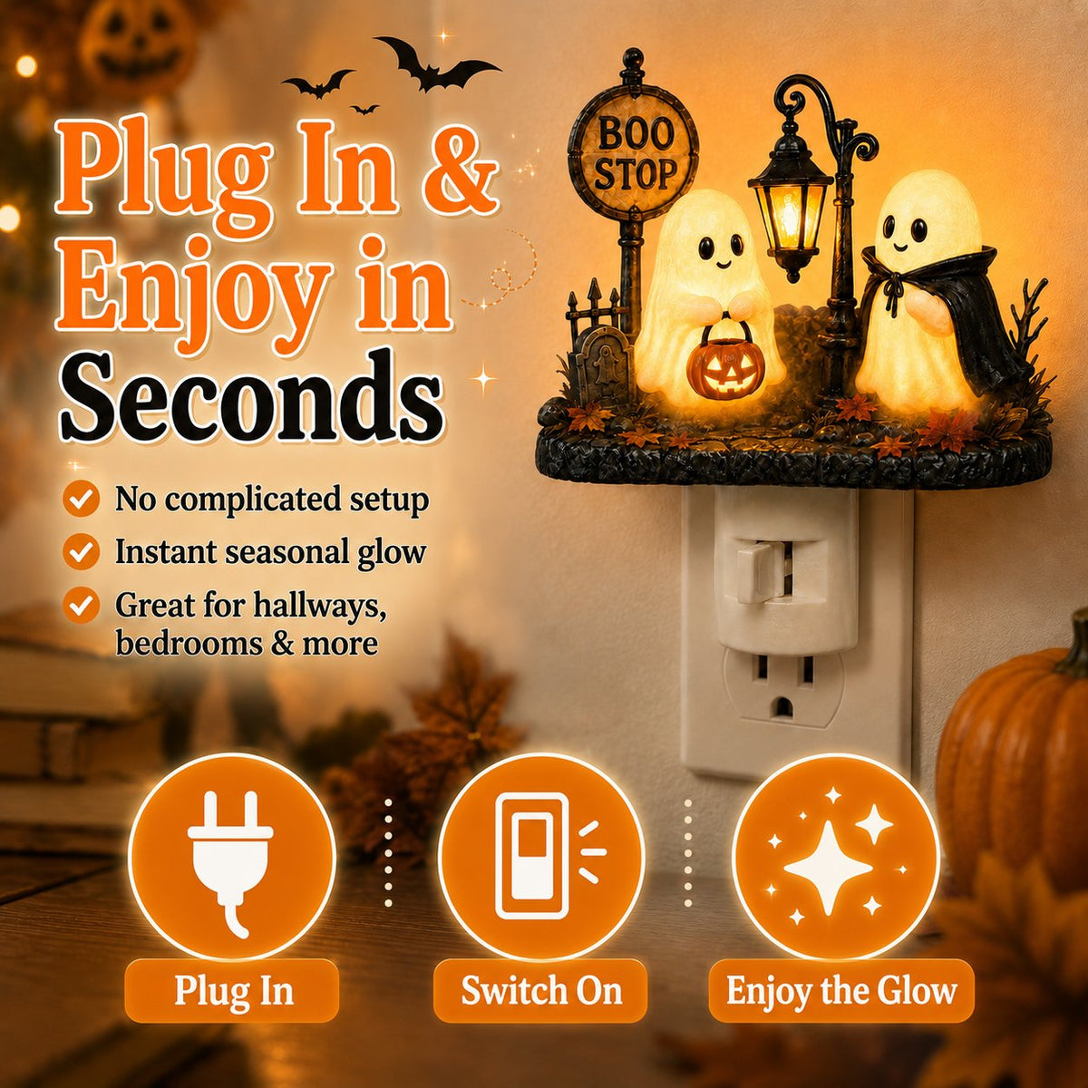 Boo Stop Ghosts Plug-In Halloween Night Light